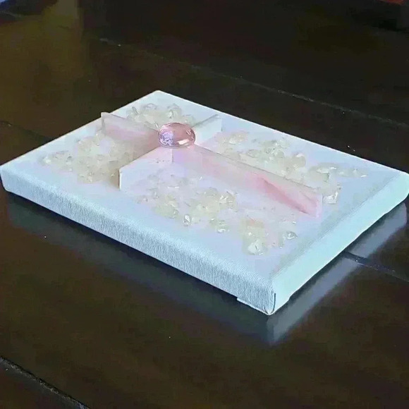 Pink Stained Glass Cross and Crushed Glass Resin Art on Canvas - Picture 2 of 4